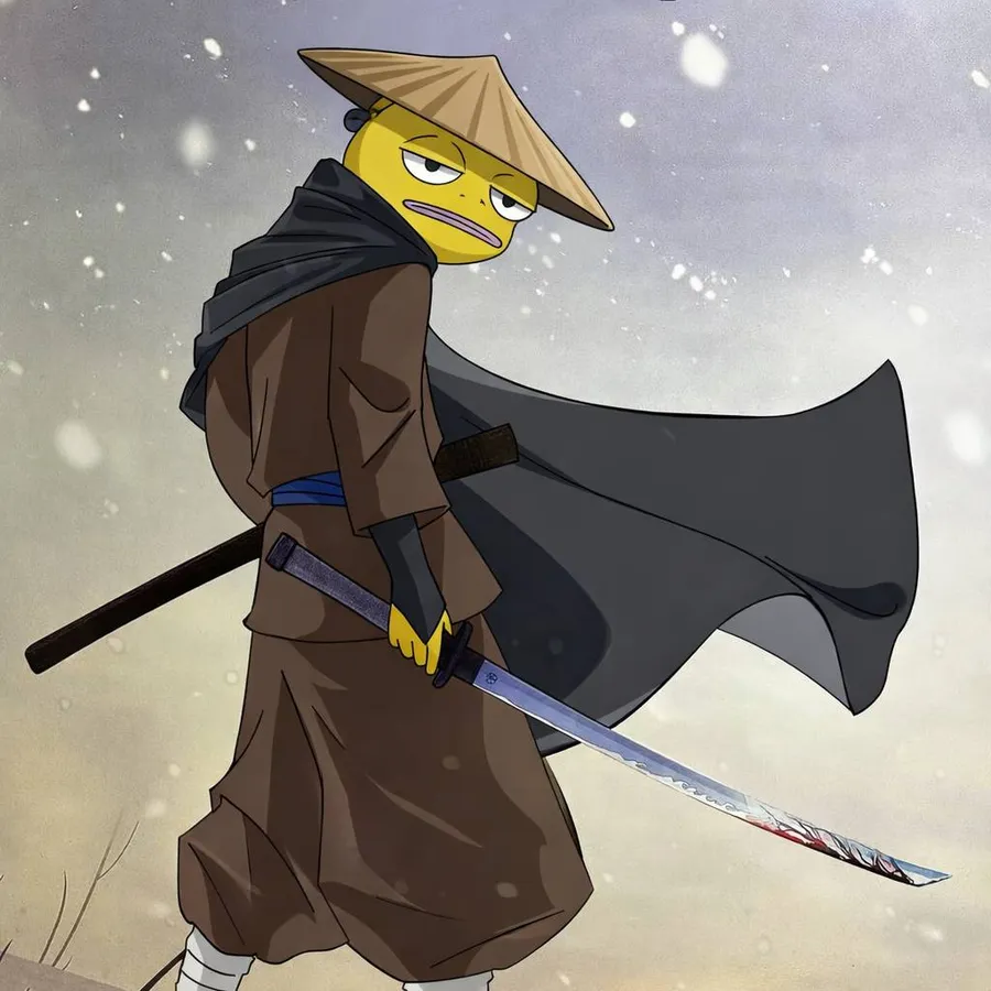 VIVYX in a straw hat and cloak carrying a sword through falling snow